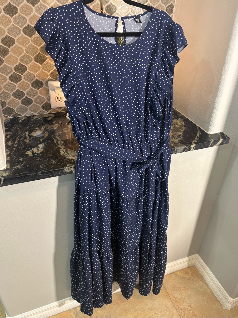 Navy Polka Dot Tie-Waist Midi Dress
